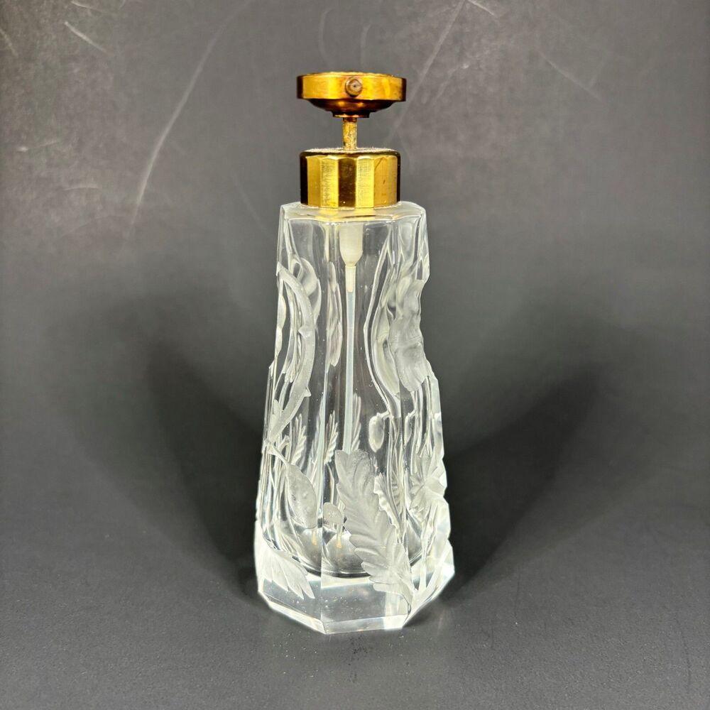 Moser Atomizer Perfume Bottle Intaglio Cut Floral Clear Glass Vintage - Picture 2 of 9
